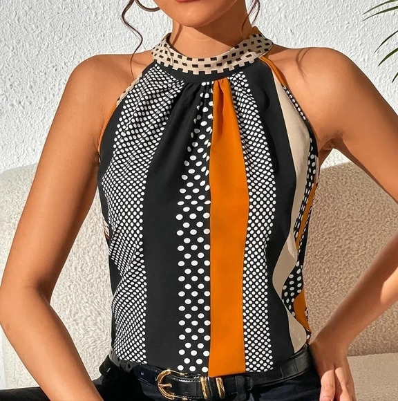 Polka Dot Print Key Hole Back Halter Neck Blouse - Picture 1 of 4